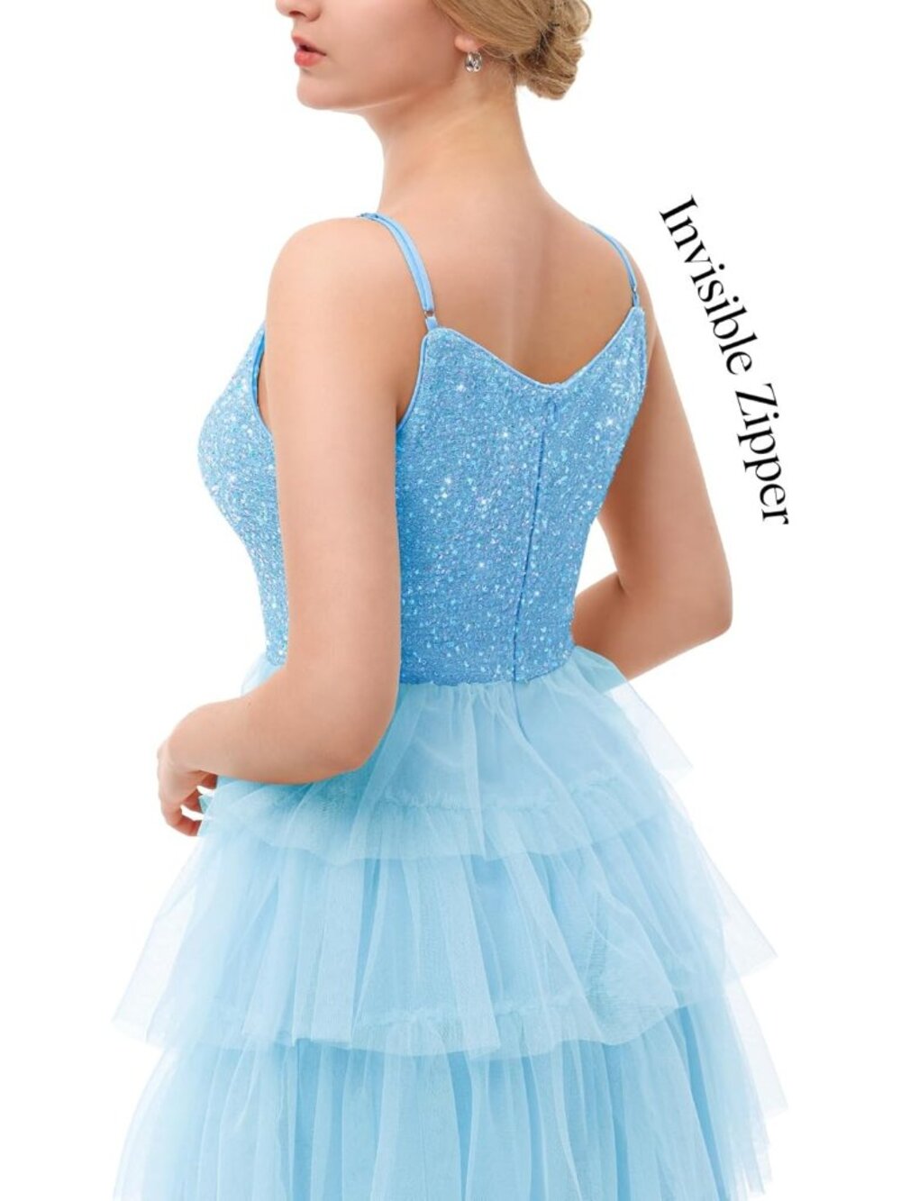 Women's Blue Spaghetti Strap Sequin Glitter Cocktail Bodycon Mini Dress - Picture 5 of 6